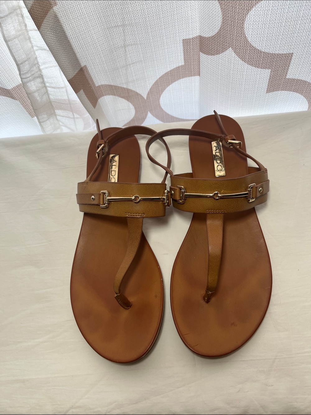 Aldo Tan Brown Leather T-Strap Sandals with Gold Accents